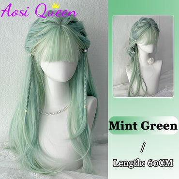 AOSI Synthetic Mint Green Wig Long Hair Summer Thin Bangs Long Straight Hhair Daily Party Cos Wig