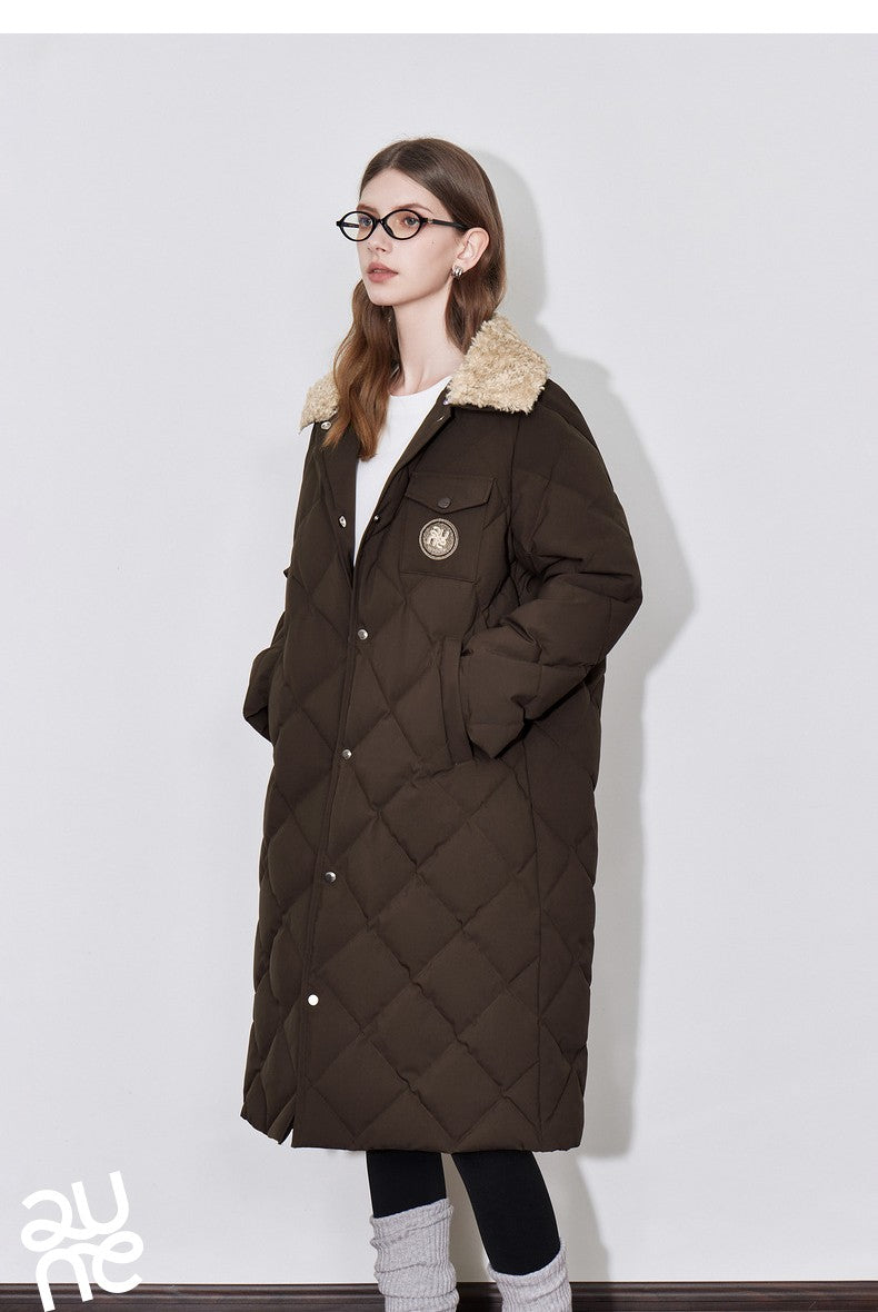 TOYOUTH Womens Down Coat 2024 Winter New Fur Collar Single Breasted Button Medium Thick Long Coat