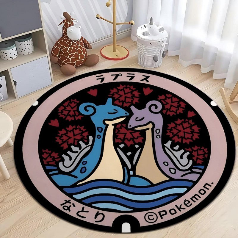 MINISO Japanese Anime Pokemon Round Rugs Non-Slip Floor Mat for Home Living Room Bedroom Circle Rug Washable Round Carpet Decor