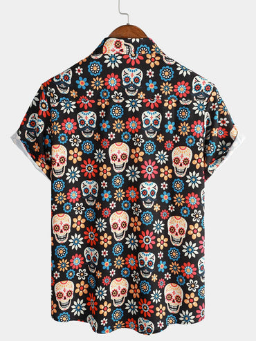 Men's Floral Skull Smiley Shirt Tropical Fashion Hawaiian Street Casual Short Sleeve Shirt Lapel Fashion Outdoor