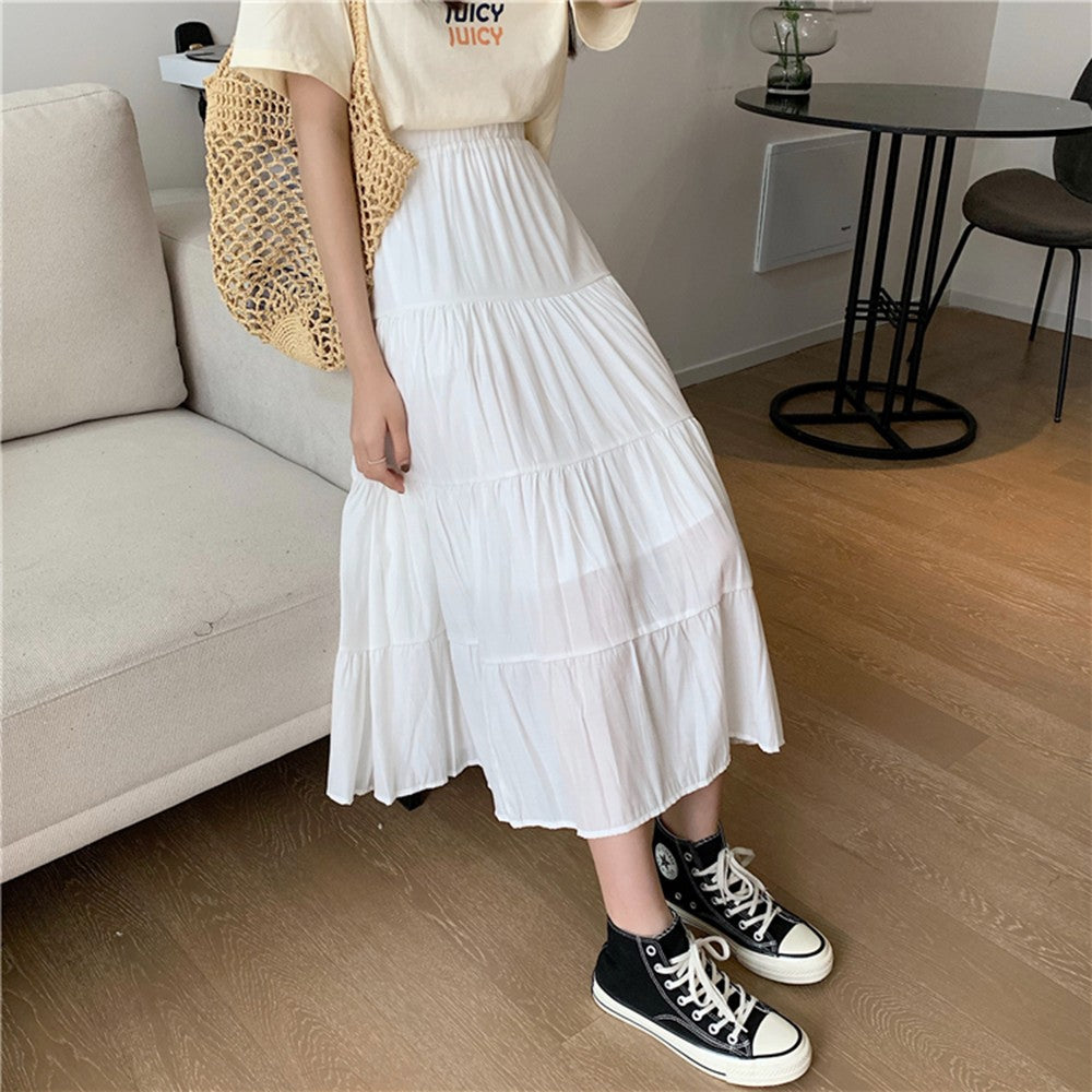 Spring Summer Women Chiffon Skirts Vintage High Waist Elastic Patchwork White Bl