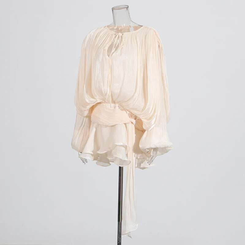 TWOTWINSTYLE Solid Blouse Mini Dresses For Women V Neck Long Sleeve Spliced Lace