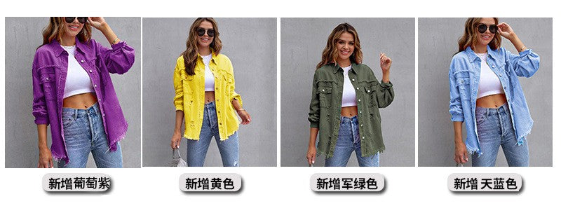Autumn Winter Women's New Denim Jacket Fashion Grinding Edge Broken Hole Hollow Long Sleeve Single Breasted Casual Collar Top