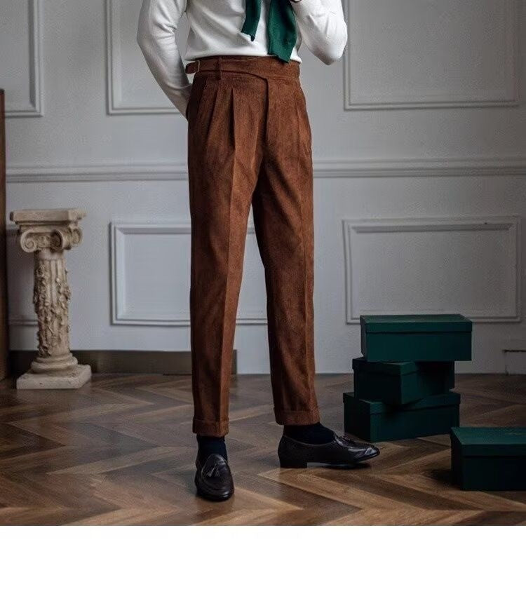 Italian Style Corduroy Naples Suit Pants Men High-waisted Adjustable Belt Straight Trousers Autumn England Business Casual Pant