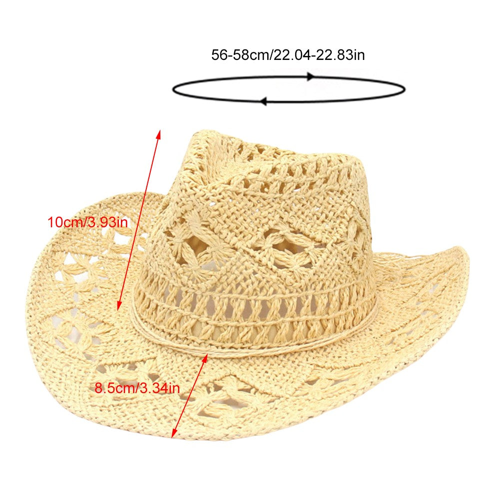 Chapéu de Sol Boêmio de Verão com Conchas, Chapéu de Cowboy Feminino e Masculino Dobrável Vazado de Palha com Aba Larga para Férias