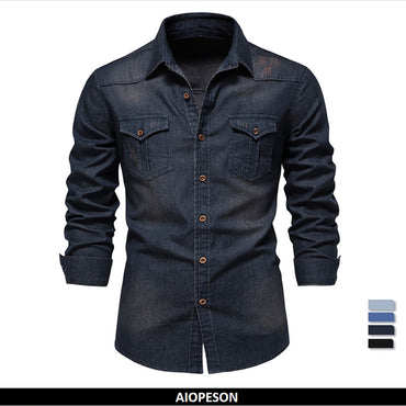 AIOPESON Elastic Cotton Denim Shirt Men Long Sleeve Quality Cowboy Shirts for Men Casual Slim Fit Jeans Men Shirts