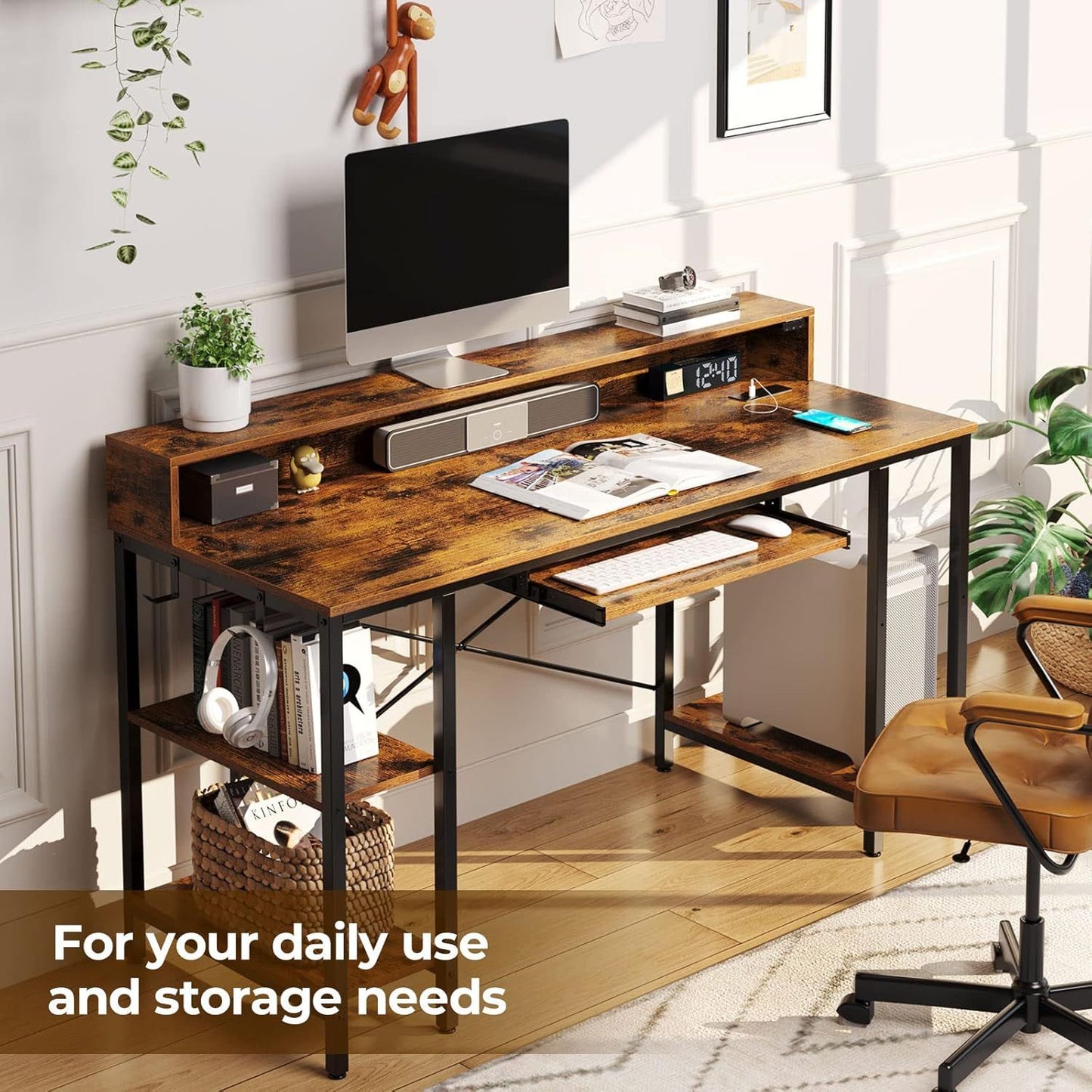 Gaming Desk with Storage Shelves, Home Office Desk with Keyboard Tray Computer Desk 47 inch with LED Lights & Power Outlets