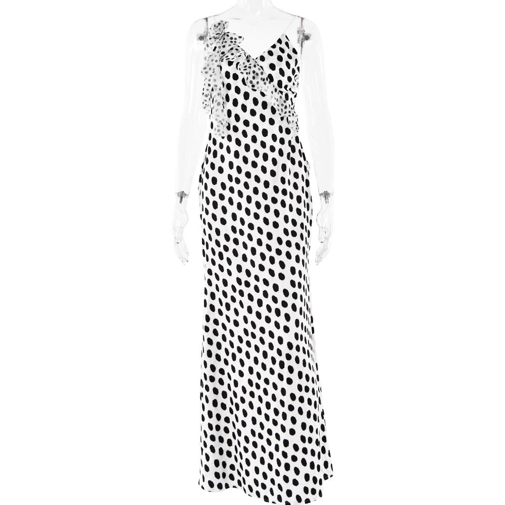 JULISSA MO Sexy Backless Print Dots Flower Women Maxi Dress Spaghetti Strap Eve