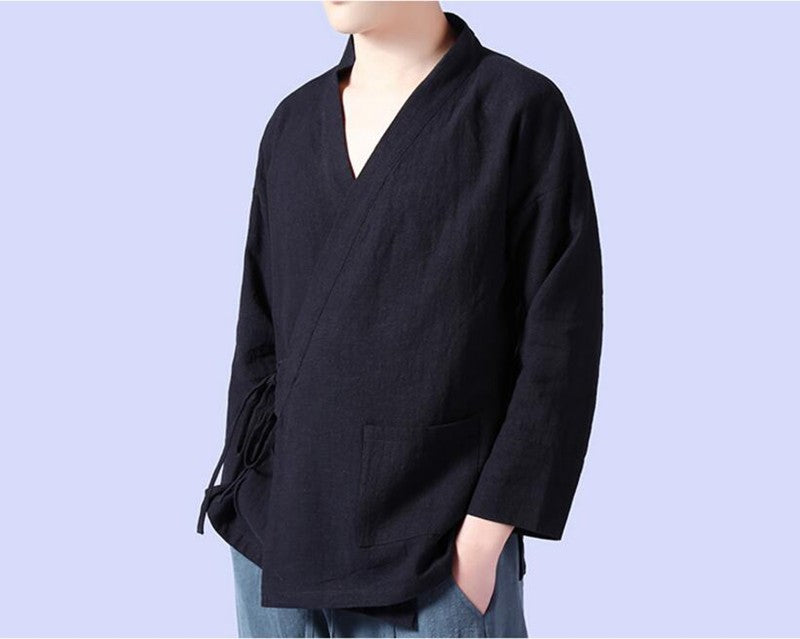 Men's linen vest Men's shirt Long sleeved Chinese official collar Traditional Kung Fu Tang casual social shirt Plus size shirts