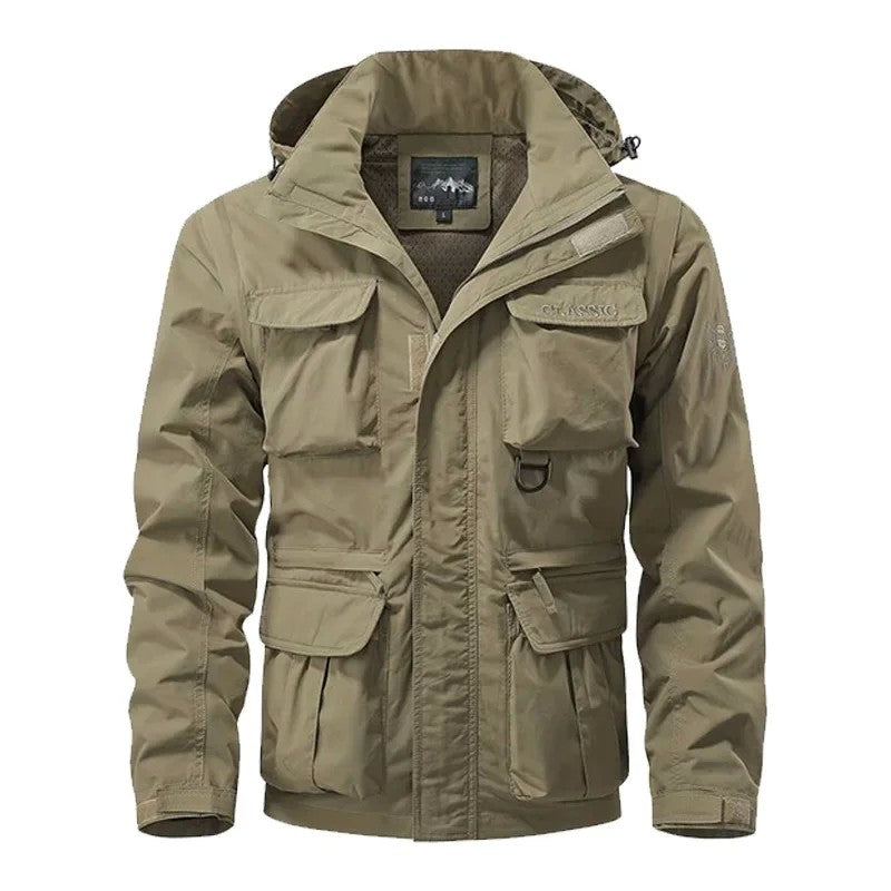 Men's Casual Waterproof Multi Bag Cargo Jacket Vest Suitable for Outdoor Activities Detachable Windproof Hooded Jacket Jacket