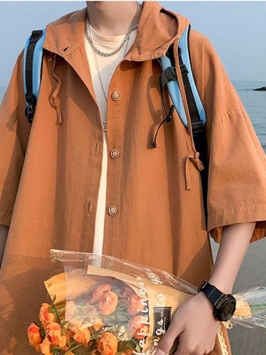 Gmiixder Hooded Short-sleeved Shirts for Men Women Japan Summer Trend Cityboy Solid Blouse Unisex Cargo Button Up Shirt Jacket