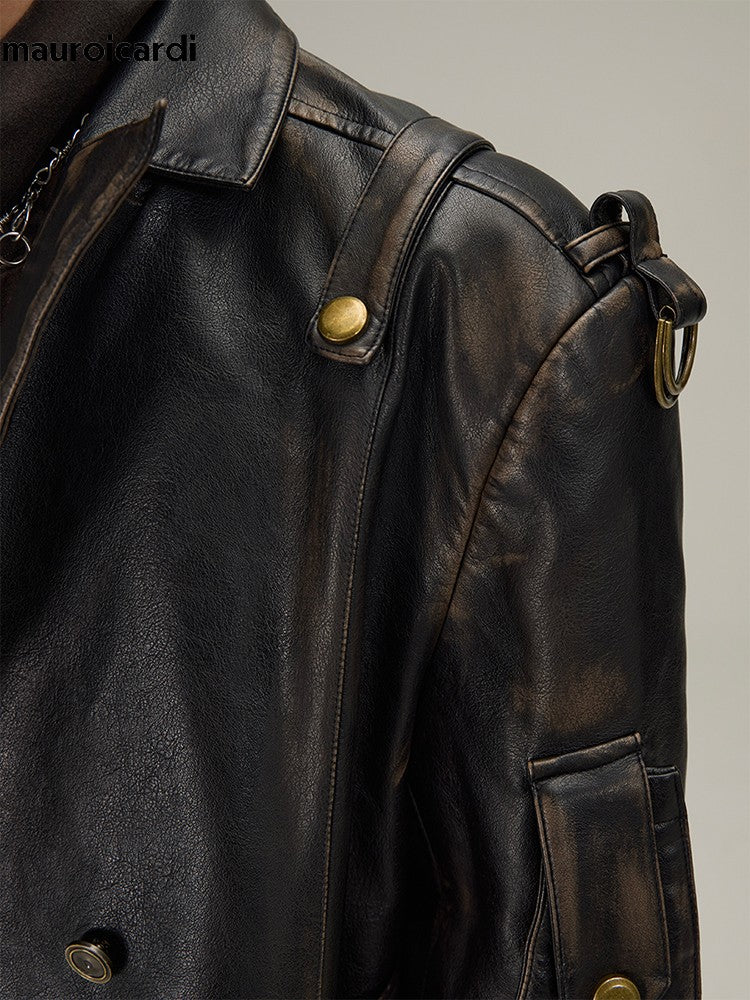Mauroicardi Spring Autumn Long Distressed Black Pu Leather Trench Coat Men Belt Double Breasted Luxury European Fashion 2023