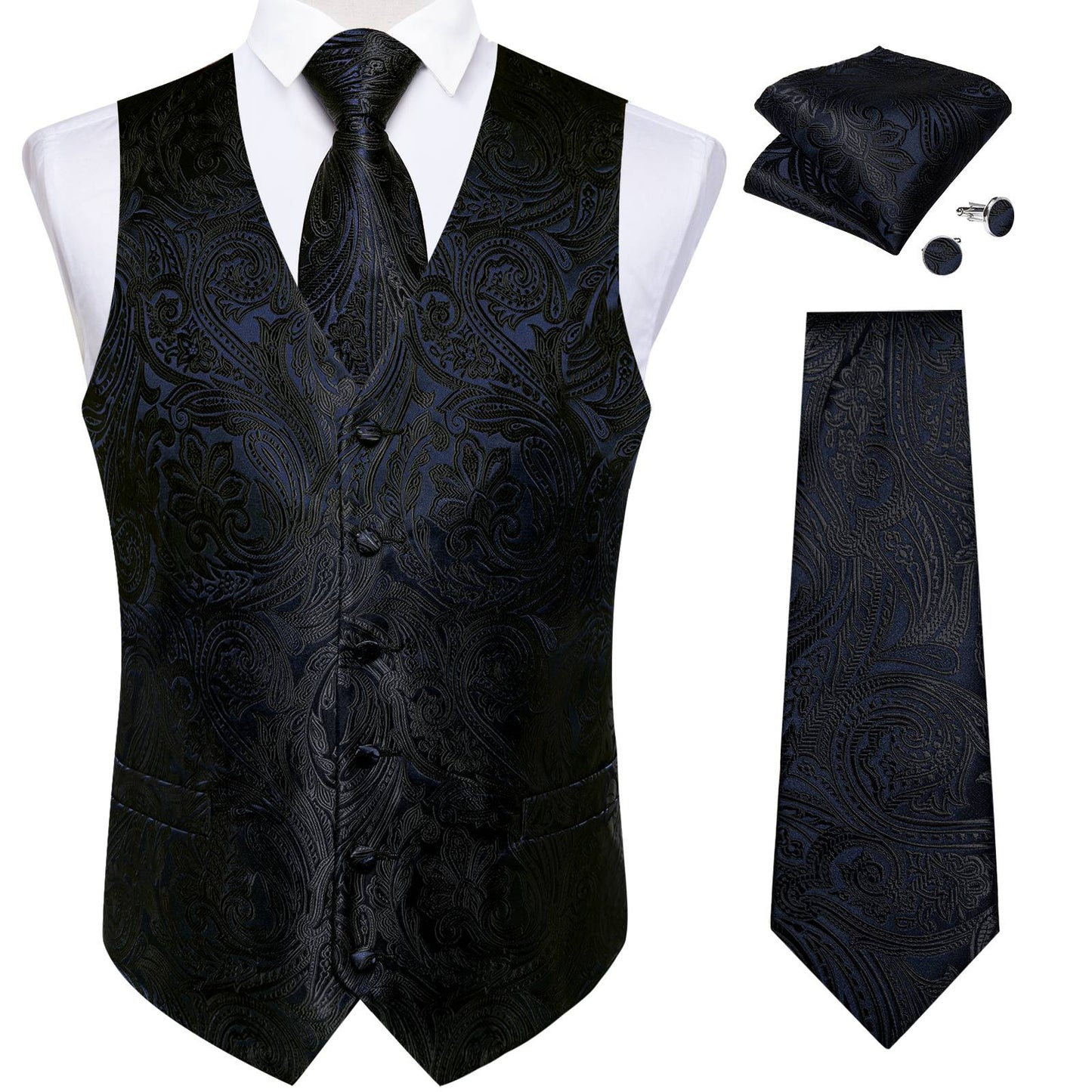 Luxury Paisley Men's Suit Vest Black Pink Red Wedding Prom Tuxedo Waistcoat Necktie Handkerchief Cufflink Sleeveless Jacket Vest
