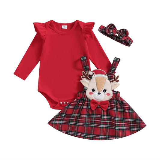 ma&baby 0-18M Christmas Newborn Infant Baby Girl Clothes Sets Knit Red Romper Deer Plaid Skirts Headban Xmas Outfits Costume D05