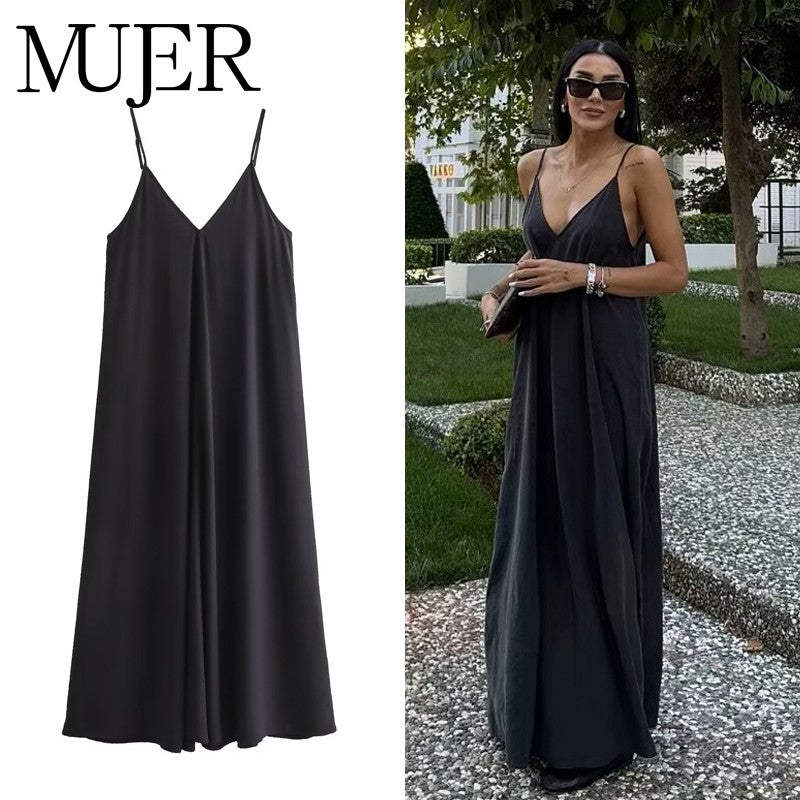 MUJER Black Slip Long Dresses for Women Red Draped Summer Dress Woman 2025 Sexy