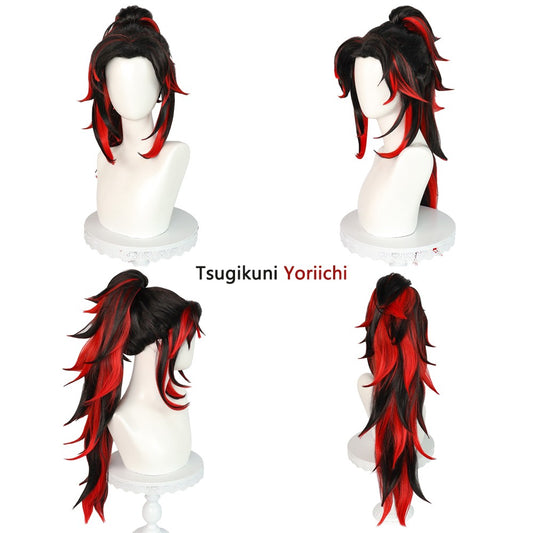 Anime Demon Yoriichi Tsugikuni Cosplay Synthetic Hair 30-Inch Black And Red Gradient Wig Suitable For Daily Party Role-Playing