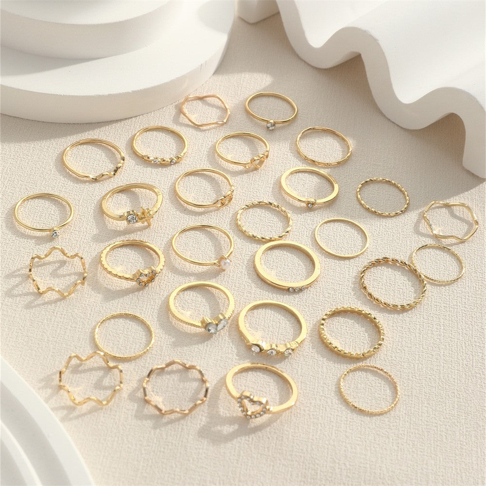 Conjunto de Anéis Articulados de Onda Simples de Moda para Mulheres Anel Feminino de Cor Ouro Prata em Formato de Coração de Cristal Joias de Festa