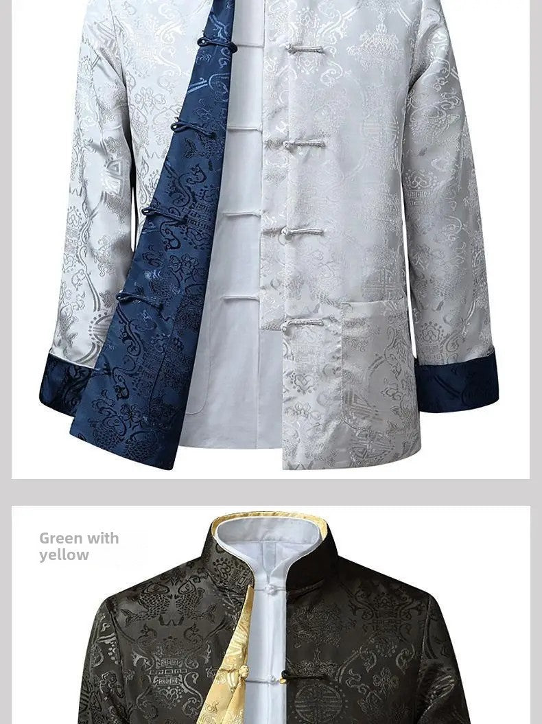 Spring Autumn Double-Sided Wearable Vintage Blazer Jacket Men's Casual Chinese Style Middle-Aged And Elderly Fashion Outerwear