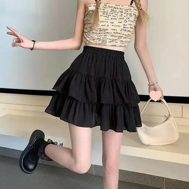 Pleated A-line Skirt White Women Ruffles Sweet Hottie Preppy Style Elastic Elast