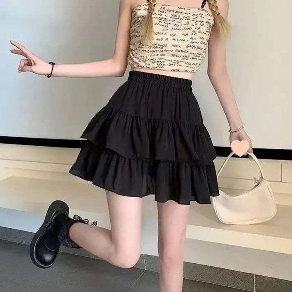Pleated A-line Skirt White Women Ruffles Sweet Hottie Preppy Style Elastic Elast