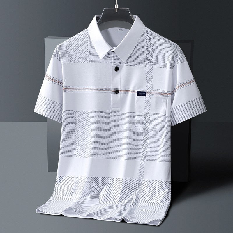 Men's Short Sleeve Button Summer Pullover Striped Pockets T-shirt England Style Casual Formal Turn-down Collar Vacation Tops