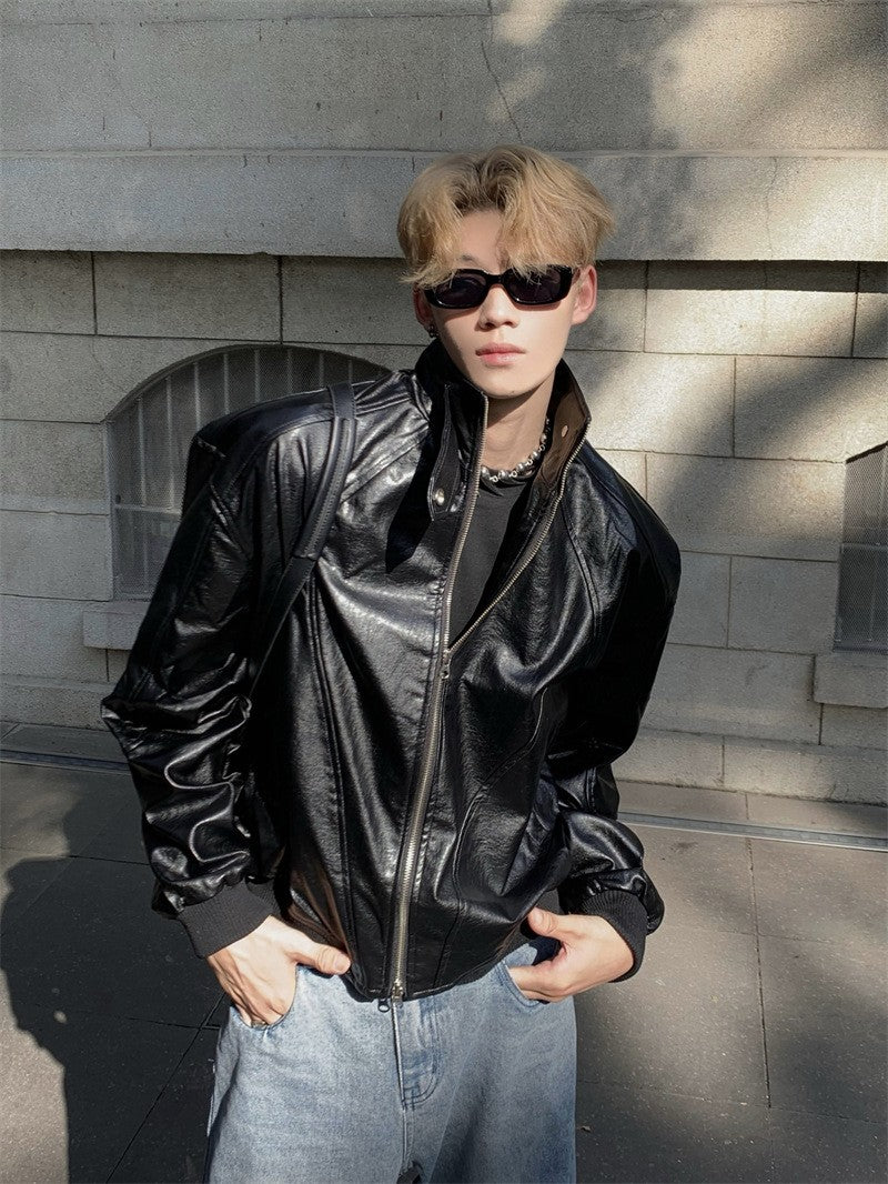Stand Up Collar Design PU Leather Jacket Men's Retro Shoulder Pad Motorcycle Short Jacket Top