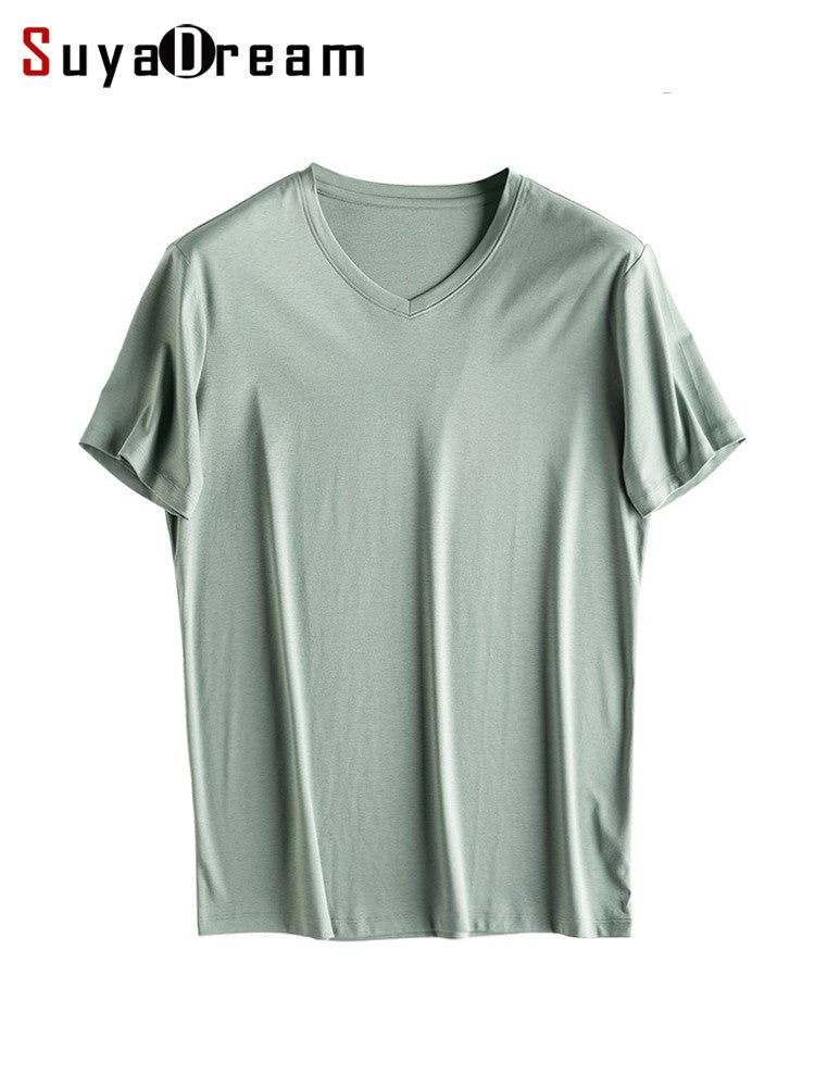 SuyaDream Mens Solid Tee Cotton Silk Blend Plain O neck Short Sleeved Cozy T Shirts 2025 Summer Simple Chic Top White Black