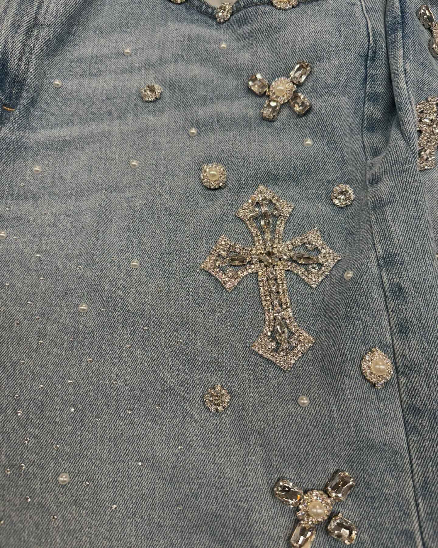 Y2K Gothic Diamond Cross Embroidery Denim Shorts American Retro Blue Gym Shorts Rhinestone Streetwear Hip Hop Men Women Jorts