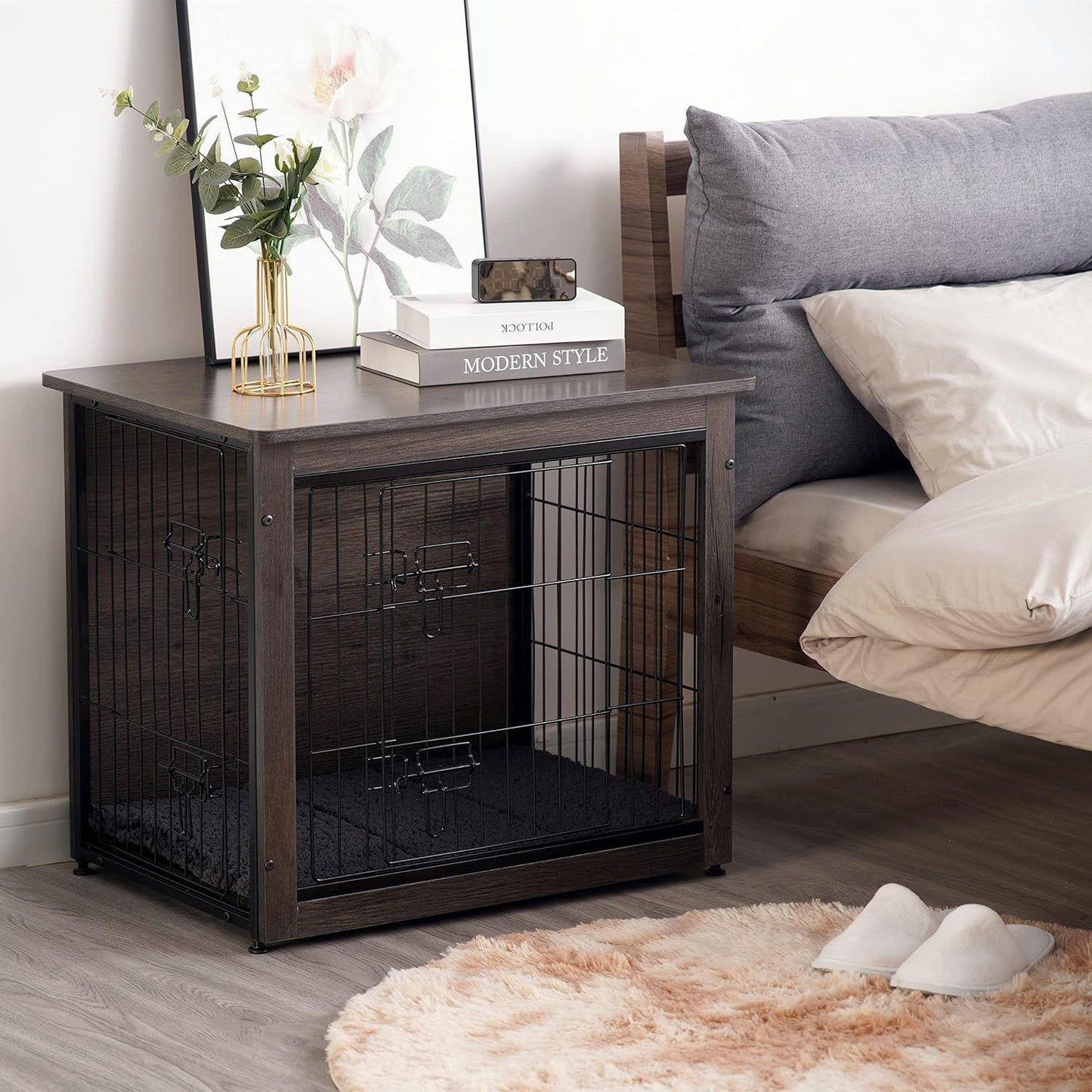 Móvel Canil para Cães com Almofada, Mesa Canil de Madeira, Portas Duplas, Casinha de Cachorro Interna, Pequeno a GG, 69,08 cm C, Cinza Escuro