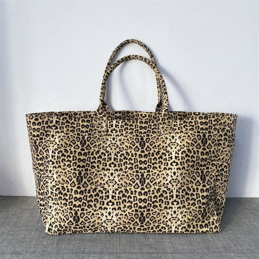 Korean Fashion Leopard Pattern Shoulder Bag Trendy Letter Embroidery Tote Bags Women Canvas Large Capacity Handbag Shopping Bags
