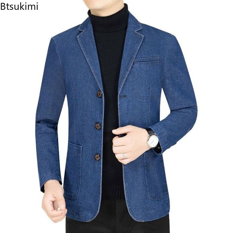 New 2025 Men's Spring Autumn Denim Suit Jacket Suit Collar Jeans Jacket High-end Coat Trend Single West Men Casual Men Clothing