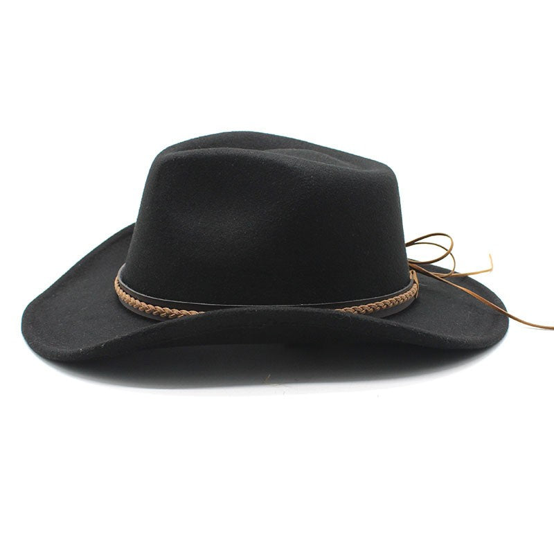 Winter Roll Up Brim Western Cowboy Hat With Leather Retro Gentleman Lady Jazz Cowgirl Cap Church Sombrero Caps