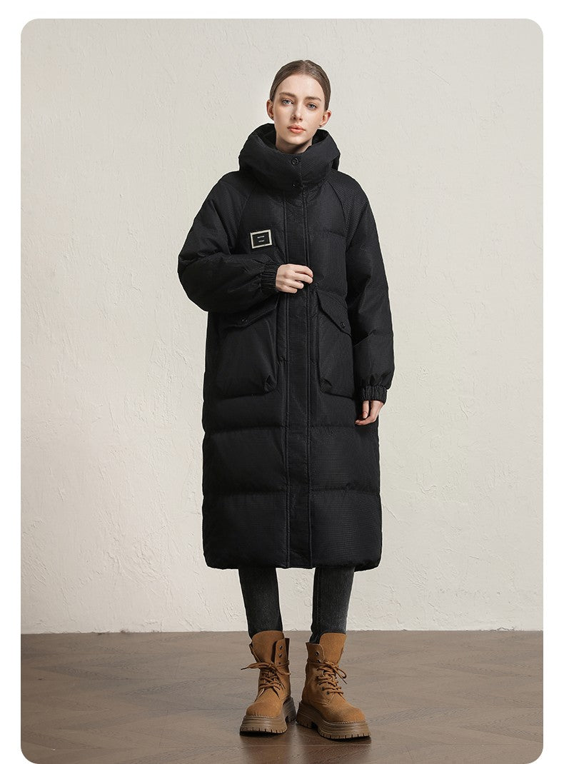 CLARKE QUEEN Long Down Jacket for Women Winter Duck Down Coat Hooded Over-the-Knee Casual Thickened Fitted Padded Puffer Coat