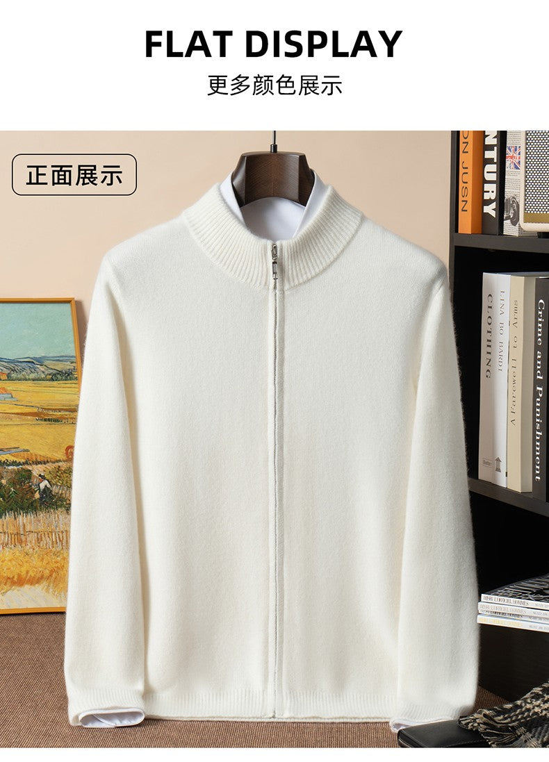 500g 100% Pure Cashmere Sweater Men's Seven-Needle Double-Ply Thickened Half-Turtle Neck Zipper Cardigan Loose Knitted Sweater