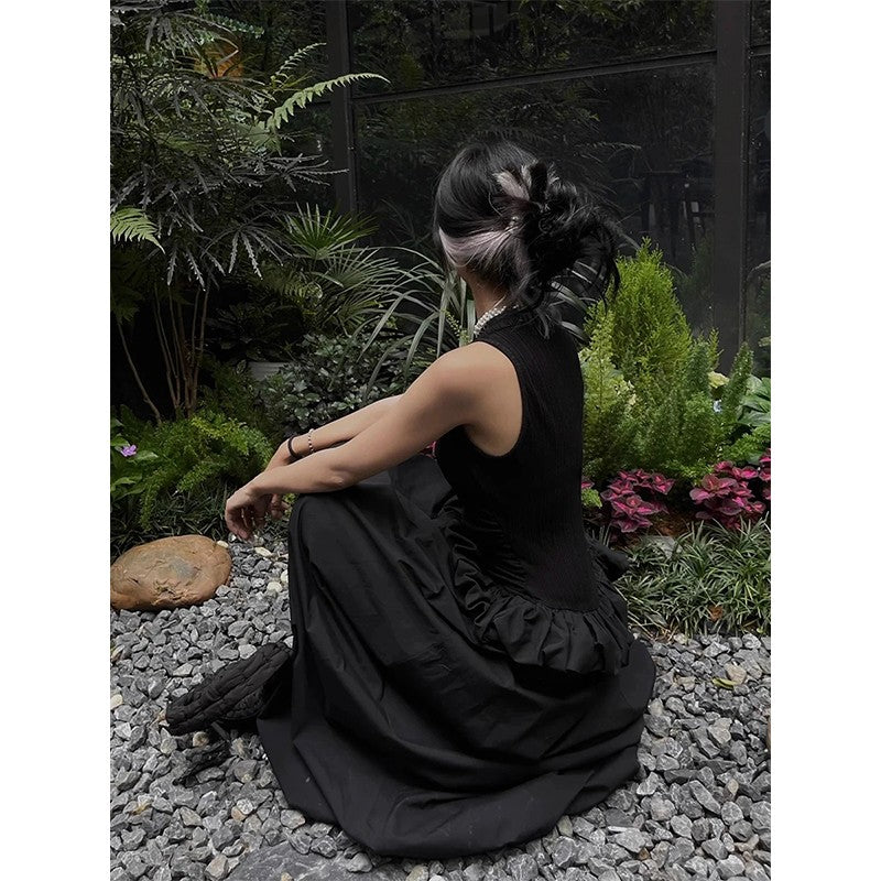 MEXZT Vintage Black Long Dress Women Party Prom Ruffles Sleeveless Maxi Dresses
