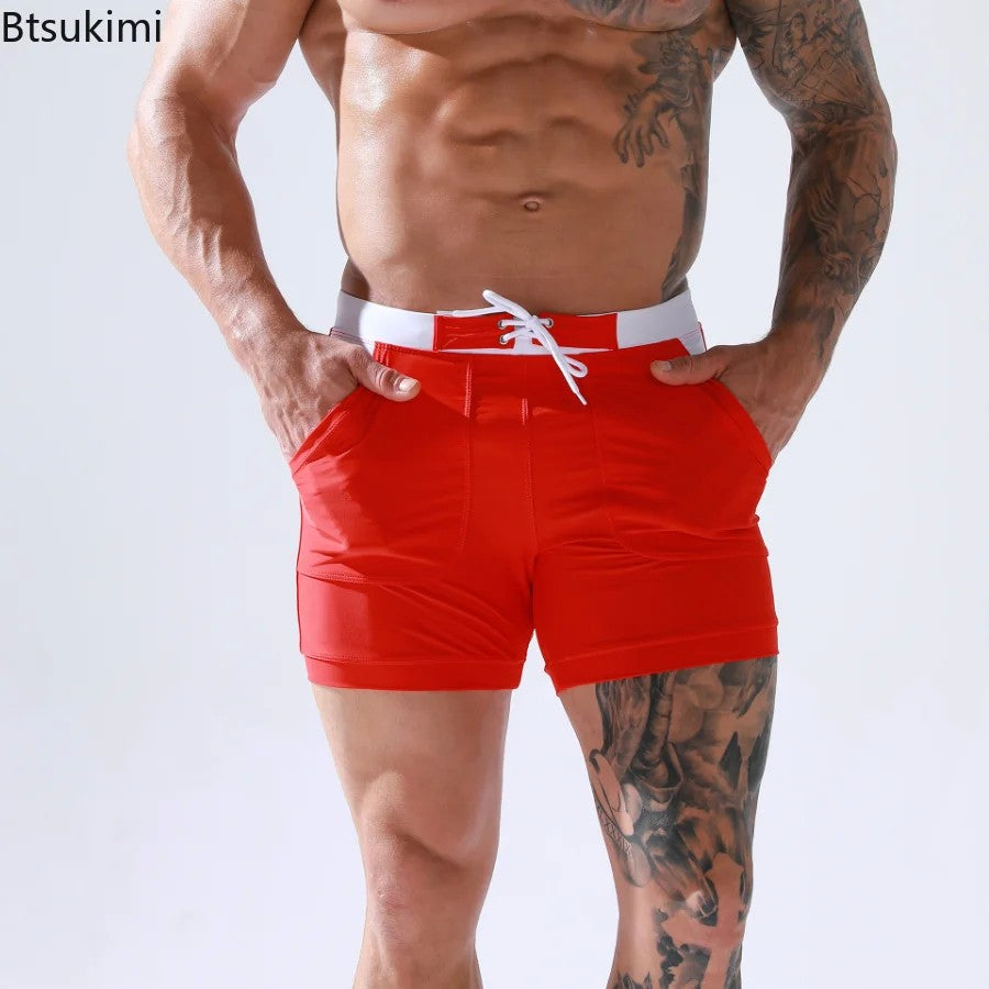 Men's Summer Swimwear Shorts Quick Dry Swimming Trunks Surf Board Solid Shorts Boxer Briefs Swimsuit Beach Sun Bathing Shorts