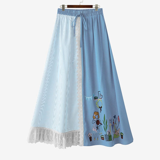 ZANZEA Plus Size Women Skirts Denin-Like Striped Patchwork Lace Trim Detail Lace-Up Elastic Waist A-Line Midi Skirt Casual Chic