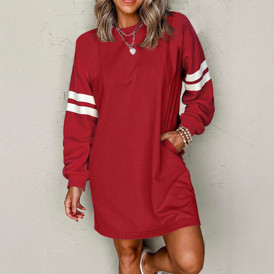 Autumn Winter New Striped Drop Shoulder Sweatshirt Mini Dresses Women Casual Loose O Neck Long-sleeved Pocket Dress Female 2025