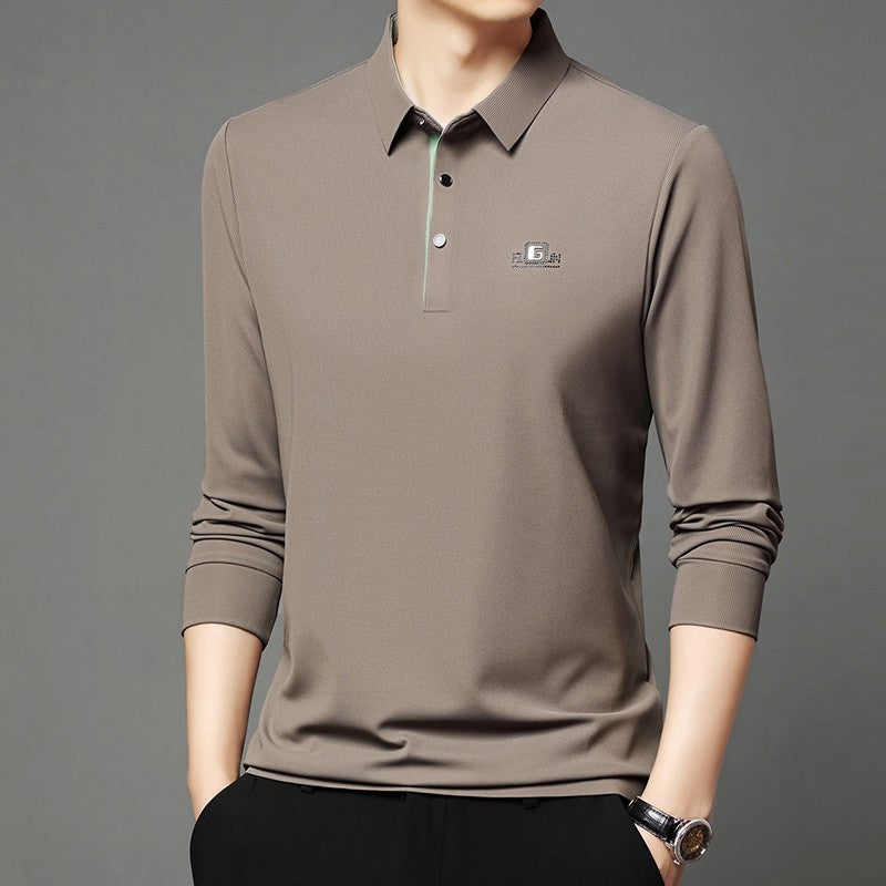 New Men's Business Casual Long Sleeved Shirt with Badge Solid Color Polo Shirt Fashionable Breathable Comfortable Versatile Top