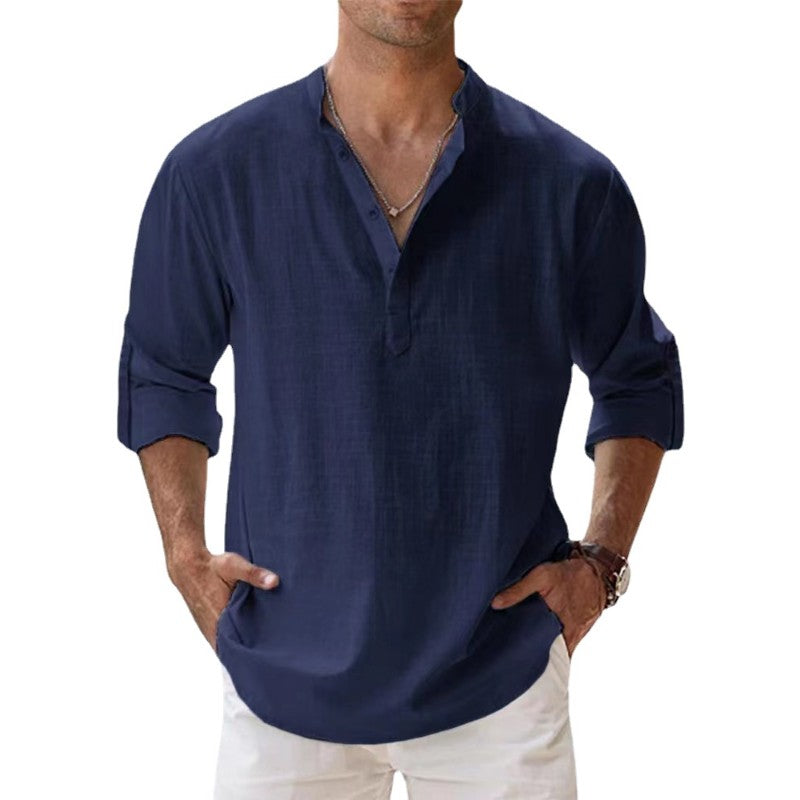 2023 New Men's Linen Long Sleeve Breathable Shirt Solid Color Casual Basic Cotton Linen Shirt Tops S-5XL
