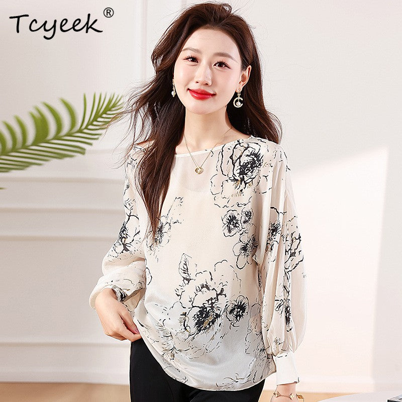 Tcyeek, 100%Real Silk Elegant Shirt, Women Long Sleeve ONeck Printed, Loose Fashion OL Blouses, 2024 Summer Autumn T47116QM
