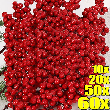 60/1Pcs Christmas Red Berries DIY Holiday Wreaths Xmas Tree Decoration Festive Ornament Displays Artificial Red Berries Stems