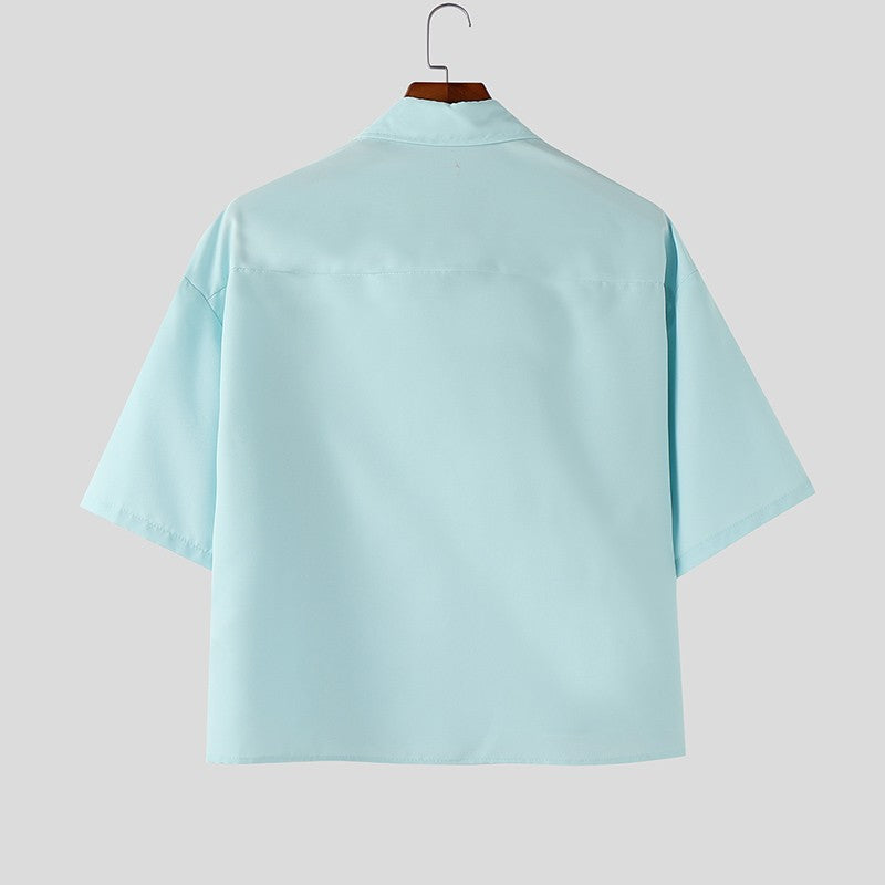 INCERUN Men's Shirts Solid Color Lapel Short Sleeve Pockets Button Male Crop Tops Streetwear Summer Loose Fashion Men Clothing