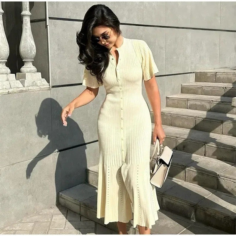 Elegant Knit Dress For Women White Slim O-neck Single Breasted Short Sleeve Long