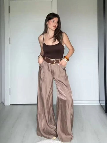 HH Women New Fashion Solid Belt Wrinkles Decorate Casual Loose Trousers Female Chic Zipper Side Pocket Slim Wide Leg Pants