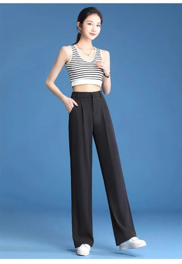 Plus Size High-waisted Thin Black Casual Trousers Women's Summer Ice Silk Bell Bottoms Straight-leg Pants For Ladies