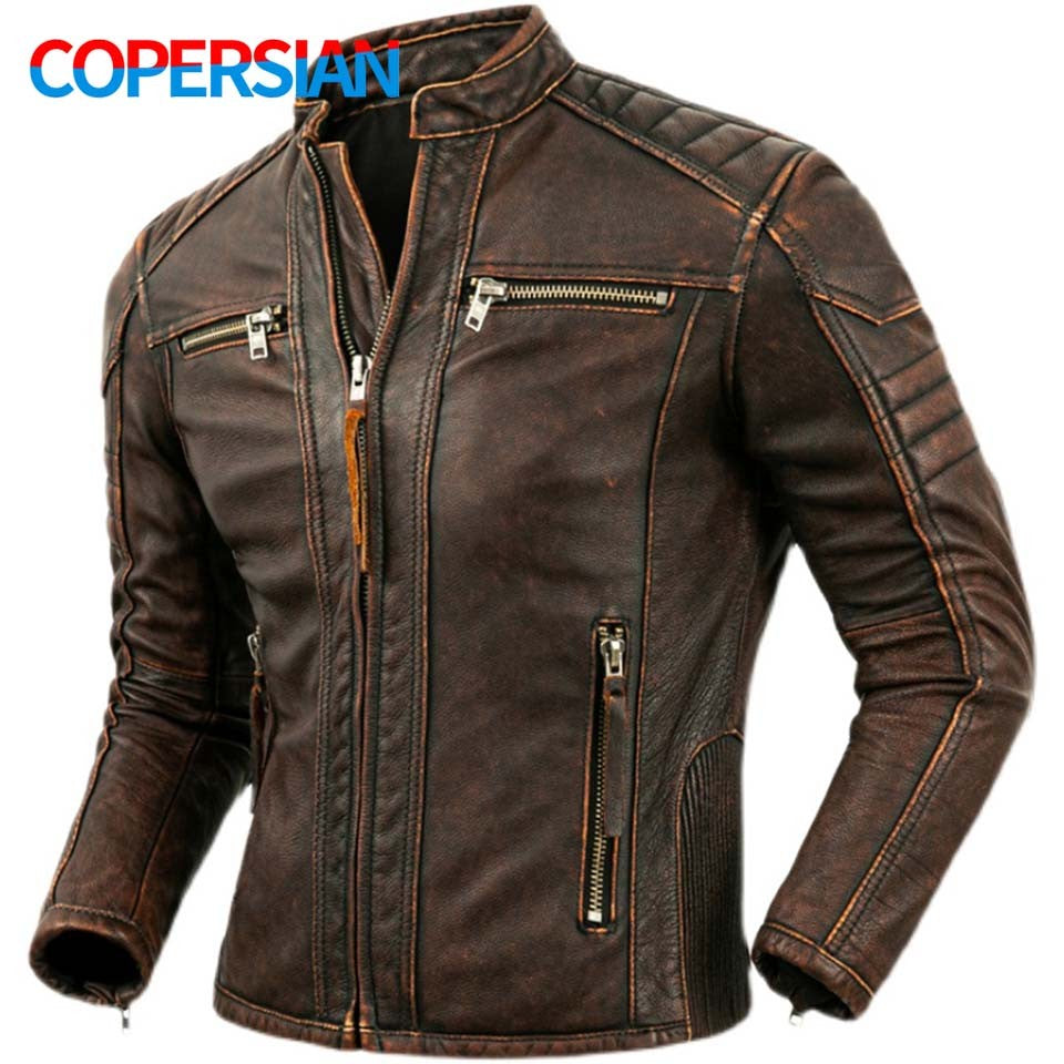 Men's Natural Leather Jacket First Layer Calfskin Stand Collar Motorcycle Jacket Retro Brown Cowhide Jacket Men‘s Biker Clothes