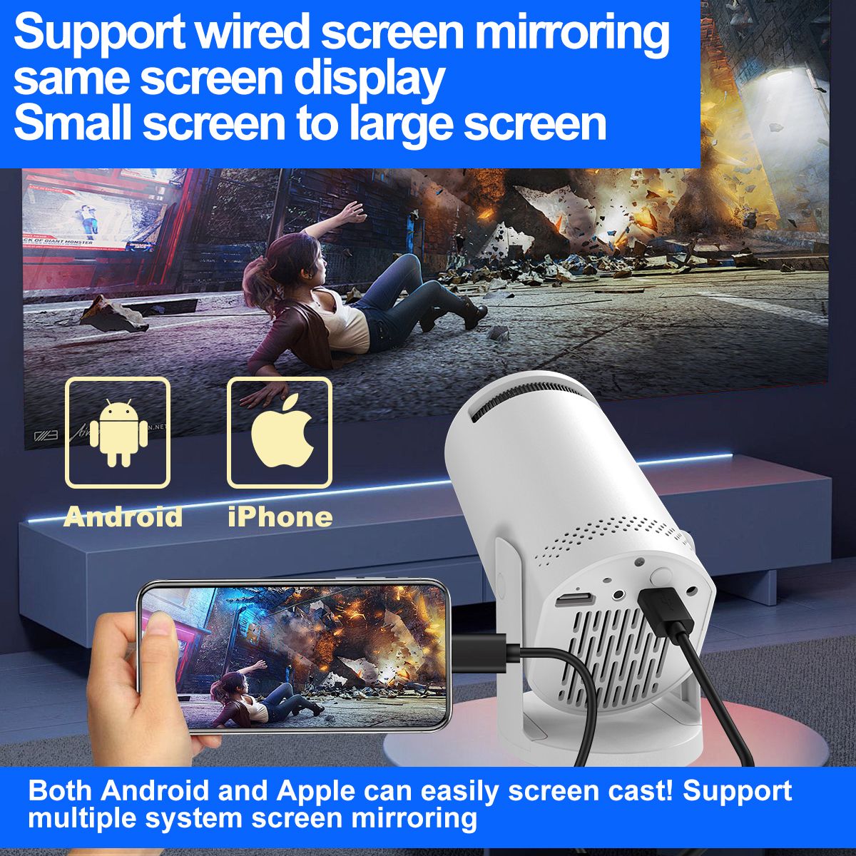 Mini projetor nativo 3D Som estéreo Console multifunções para exterior com Bluetooth Home Theater Cinema Projetores portáteis