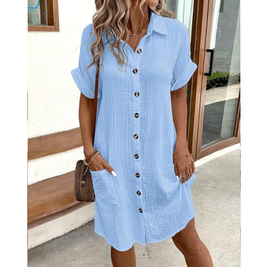 Fashion Women Summer Short Sleeve Shirt Dress Elegant Loose Simple Pockets Offic