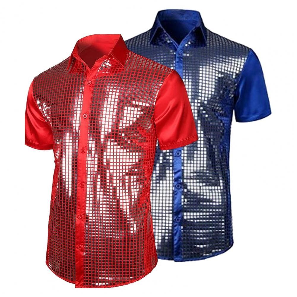 70s Shiny Surface Men Shirt Turn-down Collar Single-breasted Long Sleeves Buttons Cotton Shirt Club Party Disco Stage Show Shirt